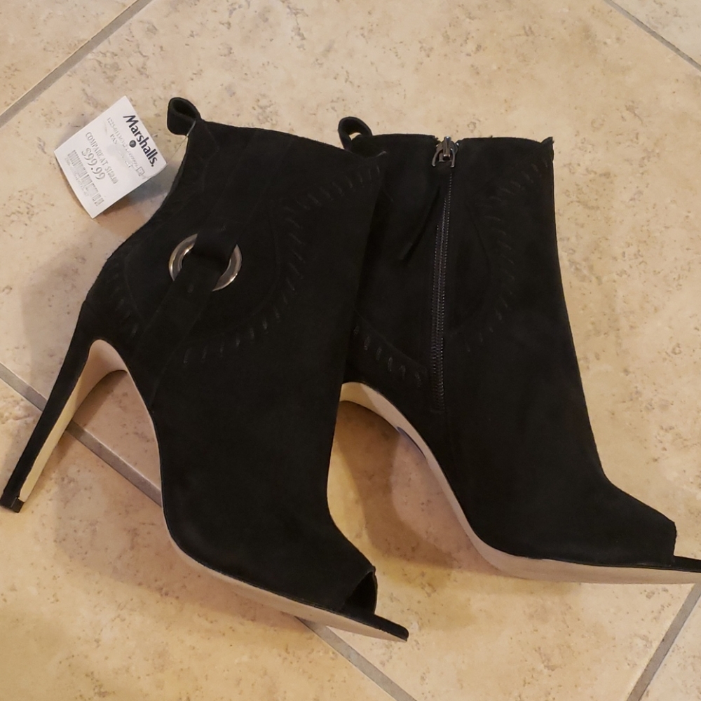 Rebecca Minkoff black suede open toes booties